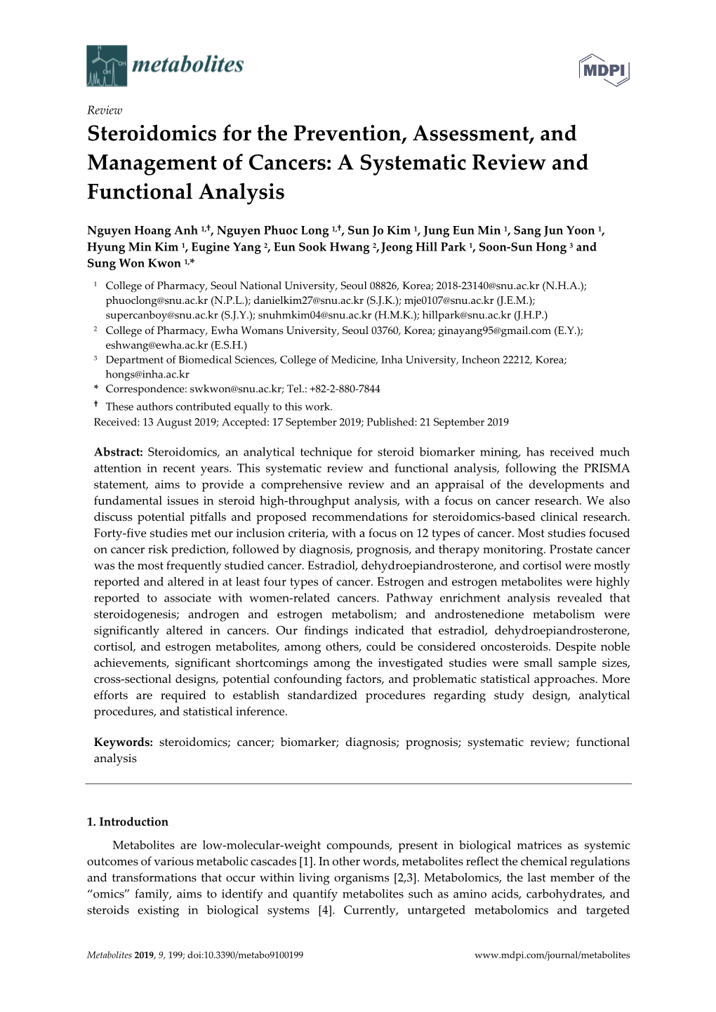 Steroidomics for the Prevention, Assessment, and Management of Cancers: a Systematic Review and Functional Analysis