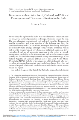 Betterment Without Airs: Social, Cultural, and Political Consequences of De-Industrialization in the Ruhr