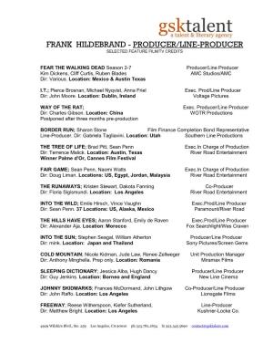 Frank Hildebrand - Producer/Line-Producer Selected Feature Film/Tv Credits