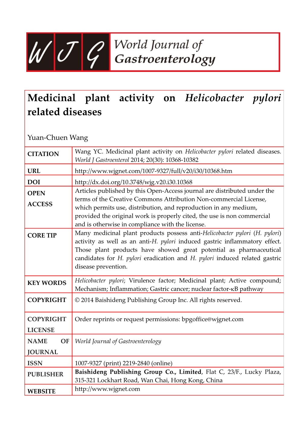 Medicinal Plant Activity on Helicobacter Pylori Related Diseases