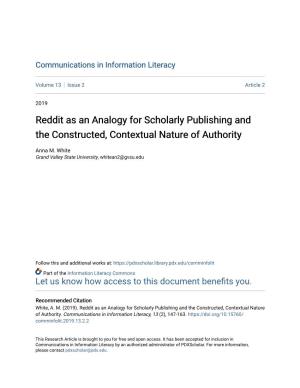 Reddit As an Analogy for Scholarly Publishing and the Constructed, Contextual Nature of Authority