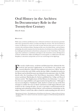 Oral History in the Archives: Its Documentary Role in the Twenty-First Century