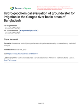 Hydro-Geochemical Evaluation of Groundwater for Irrigation in the Ganges River Basin Areas of Bangladesh