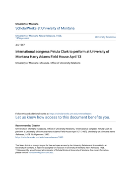 International Songress Petula Clark to Perform at University of Montana Harry Adams Field House April 13