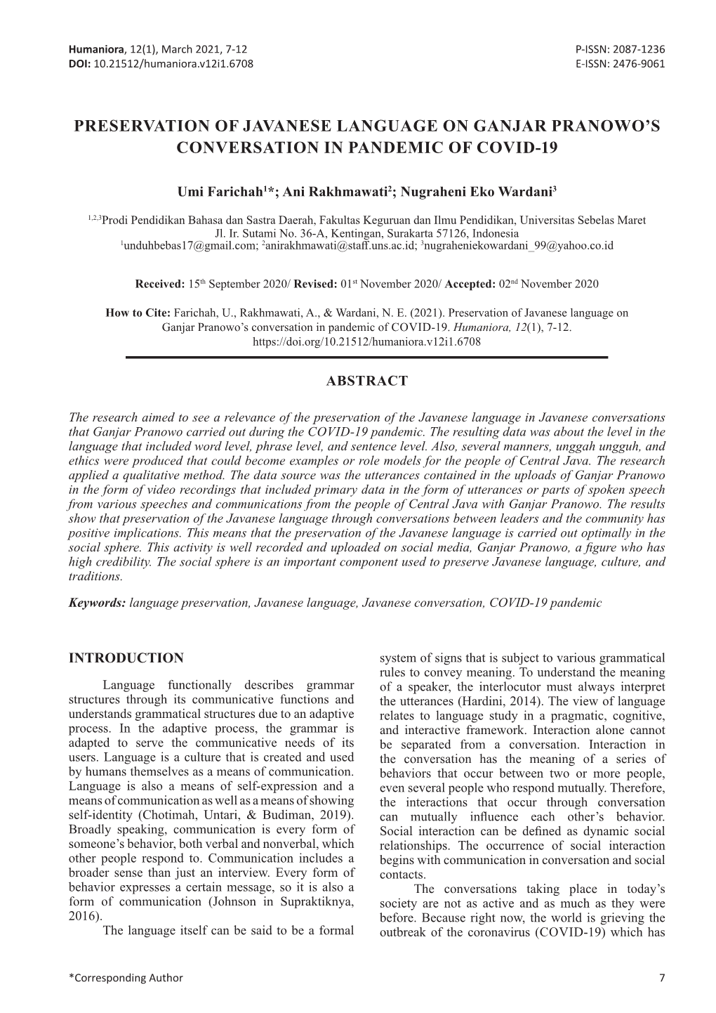 Preservation of Javanese Language on Ganjar Pranowo’S Conversation in Pandemic of Covid-19