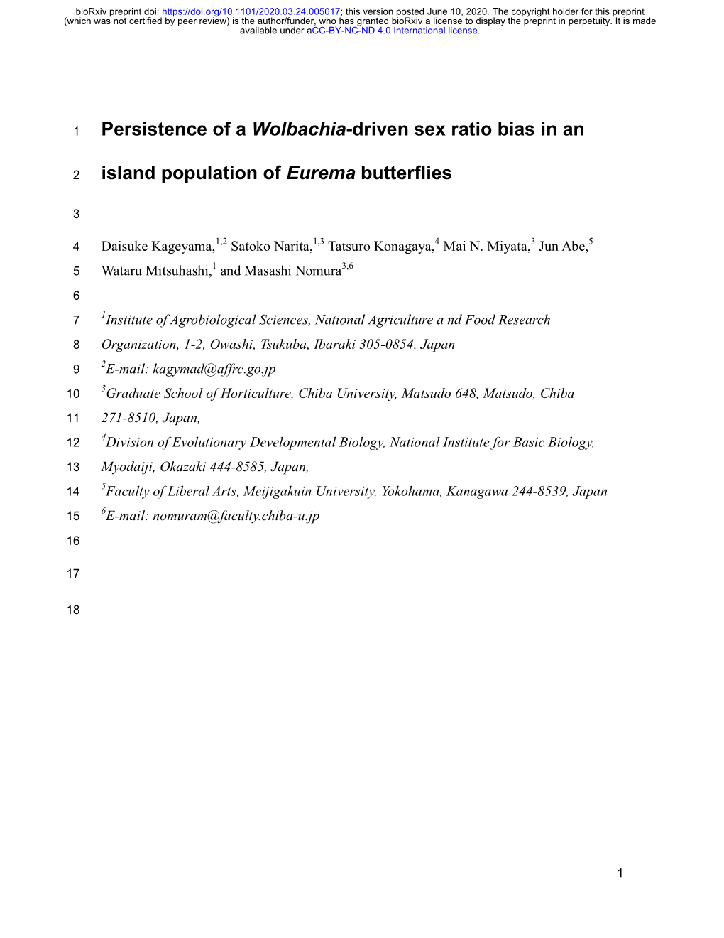 Persistence of a Wolbachia-Driven Sex Ratio Bias in an Island Population of Eurema Butterflies