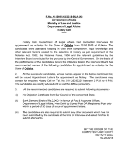 F.No. N-15011/43/2018-DLA (N) Government of India Ministry of Law and Justice Department of Legal Affairs Notary Cell ***** Nota