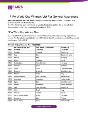 FIFA World Cup Winners List for General Awareness