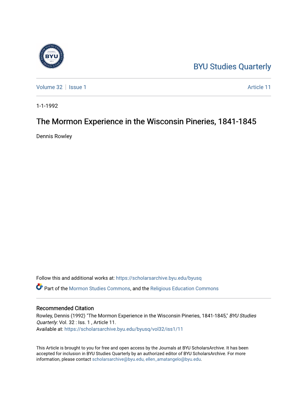 The Mormon Experience in the Wisconsin Pineries, 1841-1845