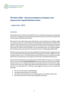 The Next CMU – Recommendations to Deepen and Improve the Capital Markets Union