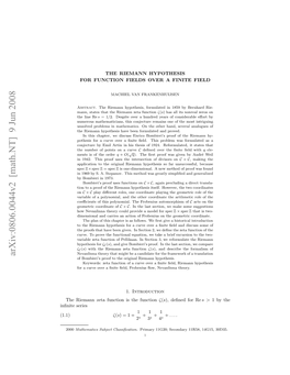 Arxiv:0806.0044V2 [Math.NT] 9 Jun 2008 (1.1) Nnt Series Inﬁnite 2000 H Imn Eafnto Stefunction the Is Function Zeta Riemann the Ahmtc Ujc Classiﬁcation
