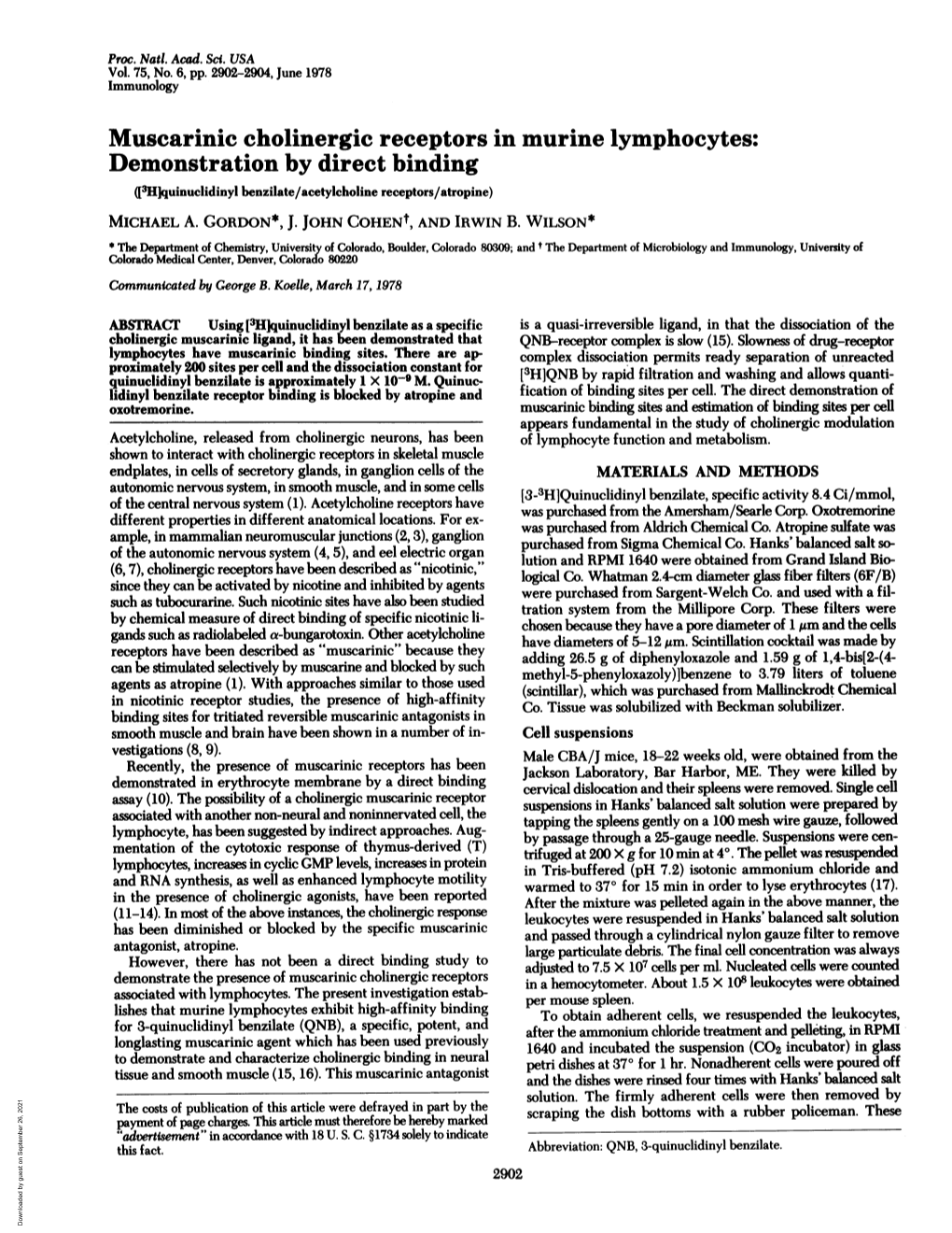 Muscarinic Cholinergic Receptors in Murine Lymphocytes: Demonstration by Direct Binding [3Hjquinuclidinyl Benzilate/Acetylcholine Receptors/Atropine) MICHAEL A