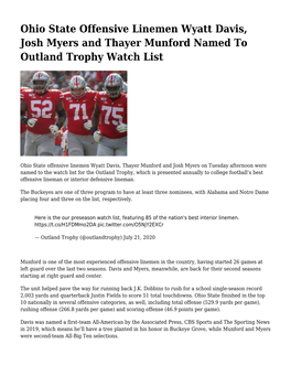 Ohio State Offensive Linemen Wyatt Davis, Josh Myers and Thayer Munford Named to Outland Trophy Watch List