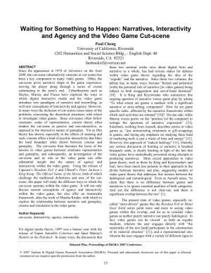 Narratives, Interactivity and Agency and the Video Game Cut-Scene