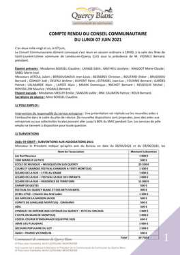 Compte Rendu Du Conseil Communautaire Du Lundi 07 Juin 2021