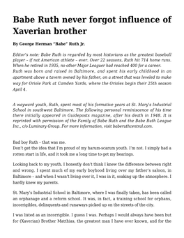 Babe Ruth Never Forgot Influence of Xaverian Brother