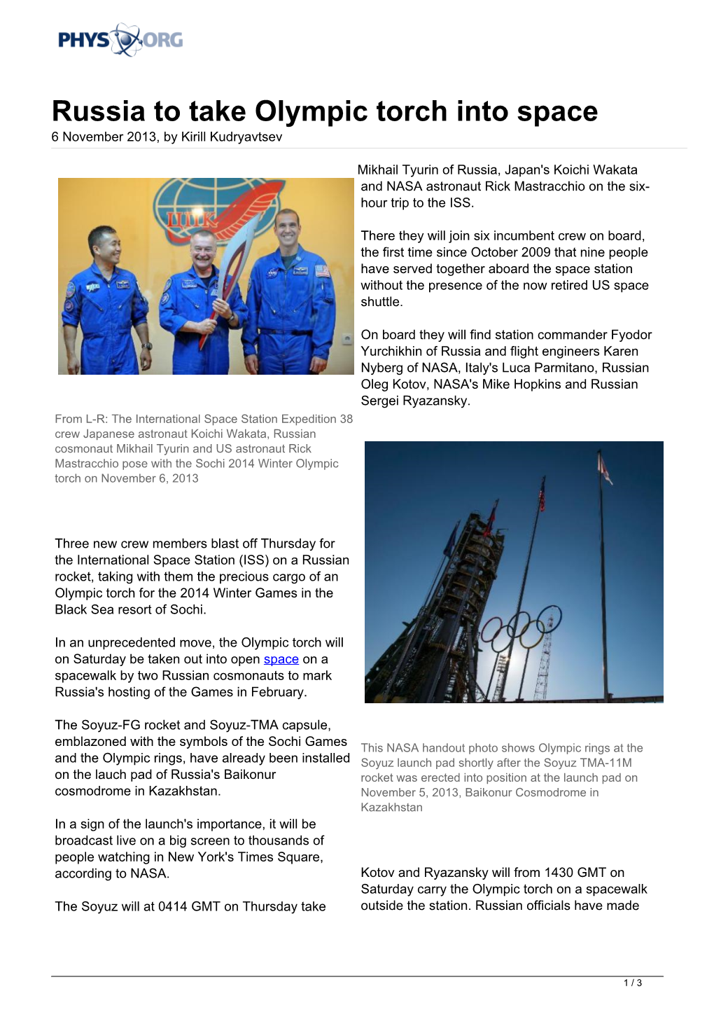 Russia to Take Olympic Torch Into Space 6 November 2013, by Kirill Kudryavtsev