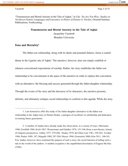 Transmission and Mortal Anxiety in the Tale of Aqhat,” in Like ʾilu Are You Wise: Studies in Northwest Semitic Languages and Literature in Honor of Dennis G