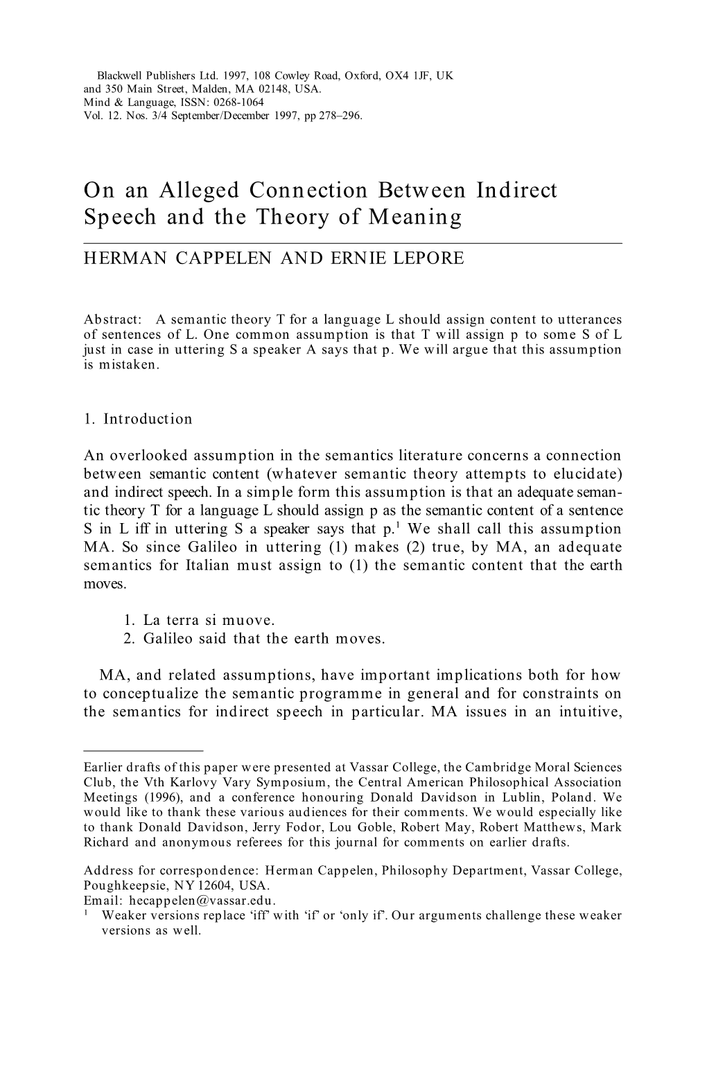 On an Alleged Connection Between Indirect Speech and the Theory of Meaning