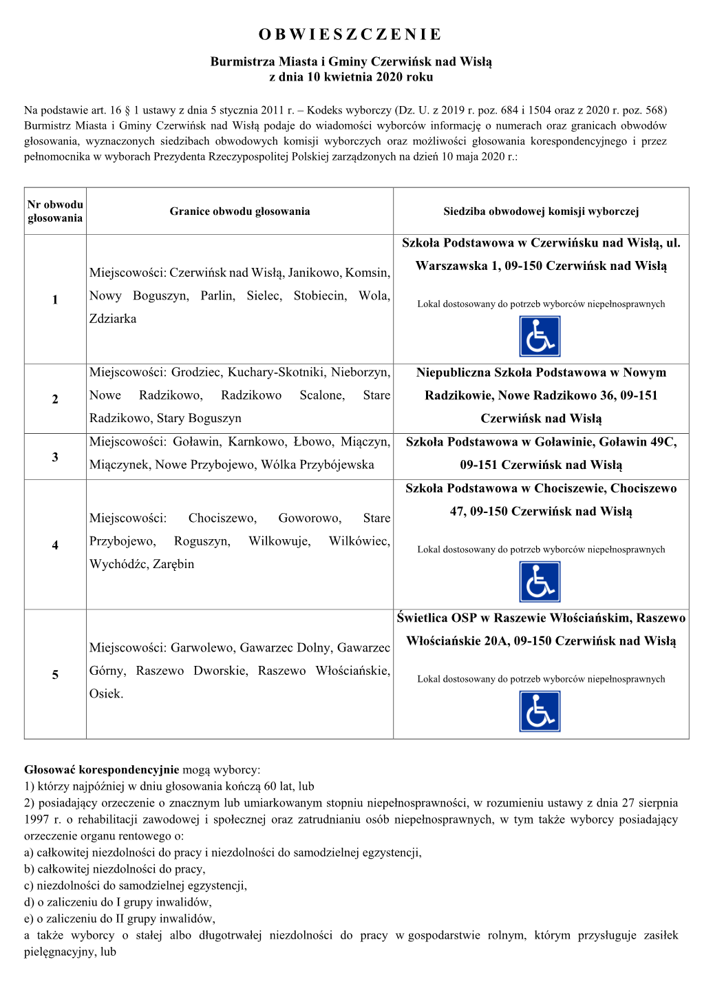 Obwieszczenie Burmistrza Miasta I Gminy Czerwińsk Nad Wisłą 221.09