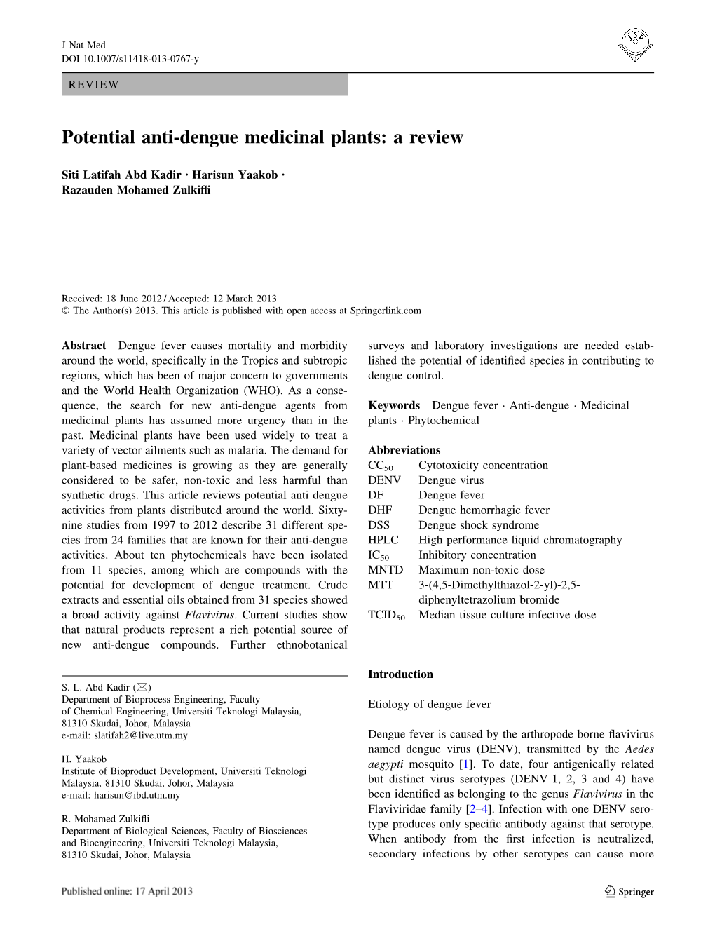 Potential Anti-Dengue Medicinal Plants: a Review