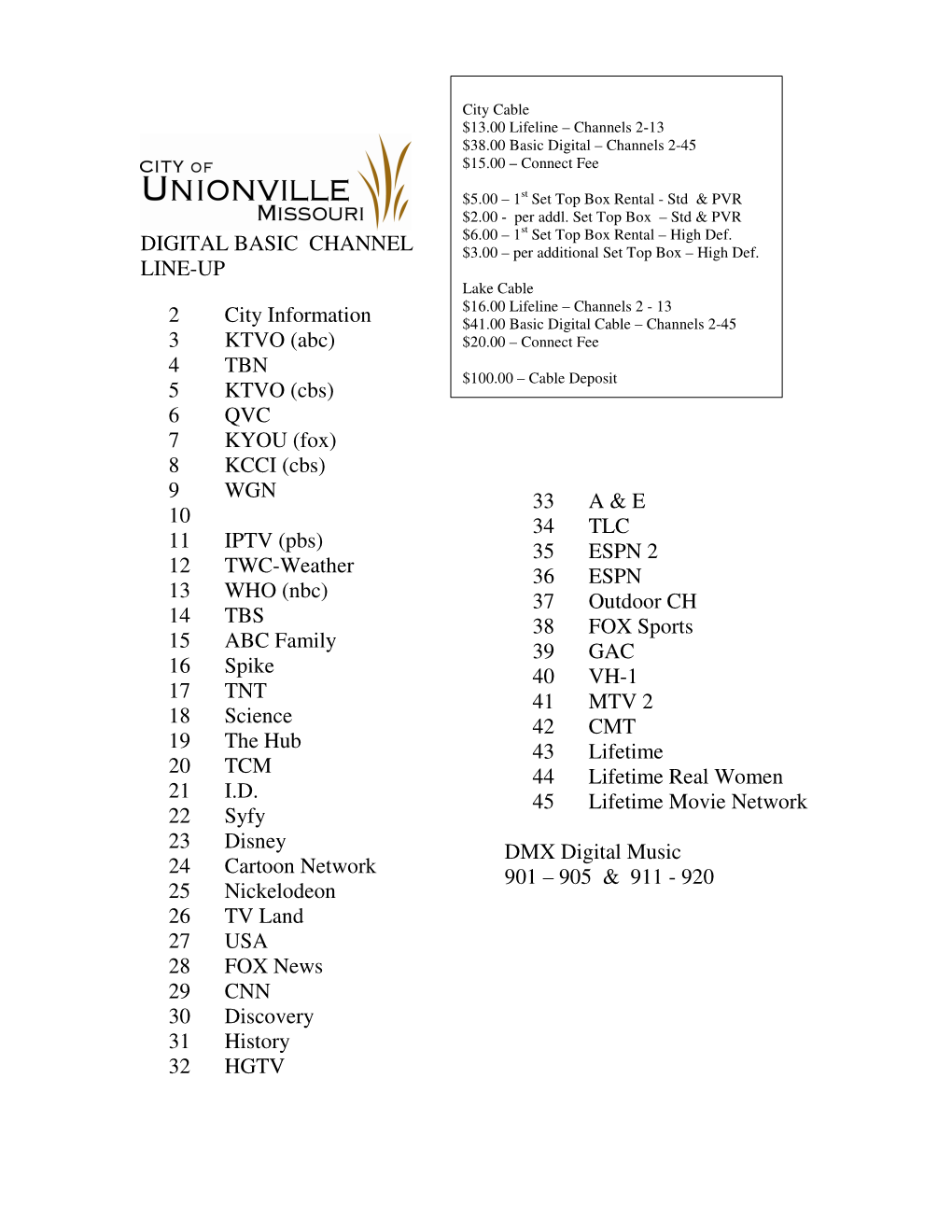 DIGITAL BASIC CHANNEL LINE-UP 2 City Information 3 KTVO (Abc) 4