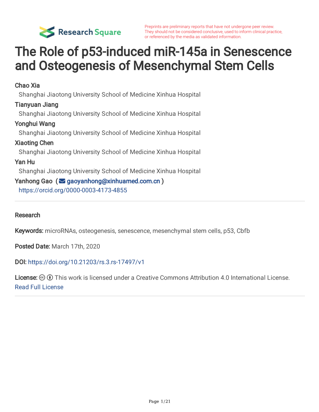 The Role of P53-Induced Mir-145A in Senescence and Osteogenesis of Mesenchymal Stem Cells