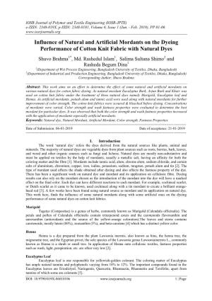 Influence of Natural and Artificial Mordants on the Dyeing Performance of Cotton Knit Fabric with Natural Dyes