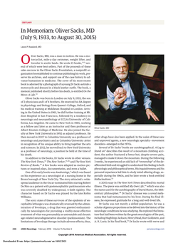 Oliver Sacks, MD (July 9, 1933, to August 30, 2015)