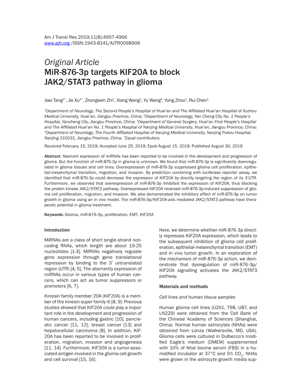 Original Article Mir-876-3P Targets KIF20A to Block JAK2/STAT3 Pathway in Glioma