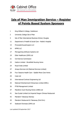 Isle of Man Immigration Service – Register of Points Based System Sponsors