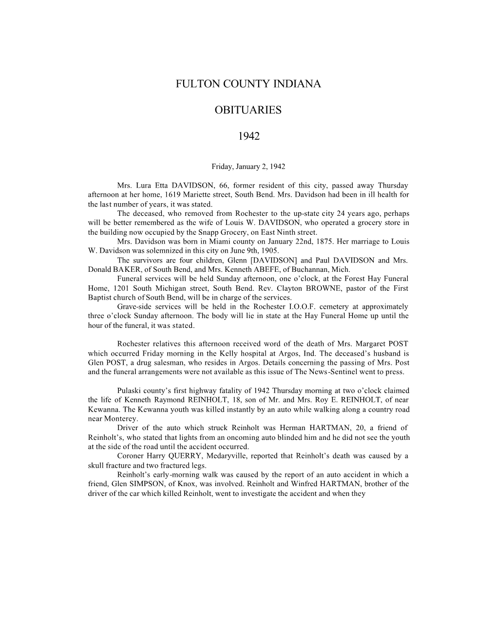 Fulton County Indiana Obituaries 1942