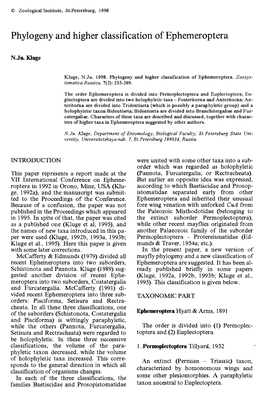 Phylogeny and Higher Classification of Ephemeroptera