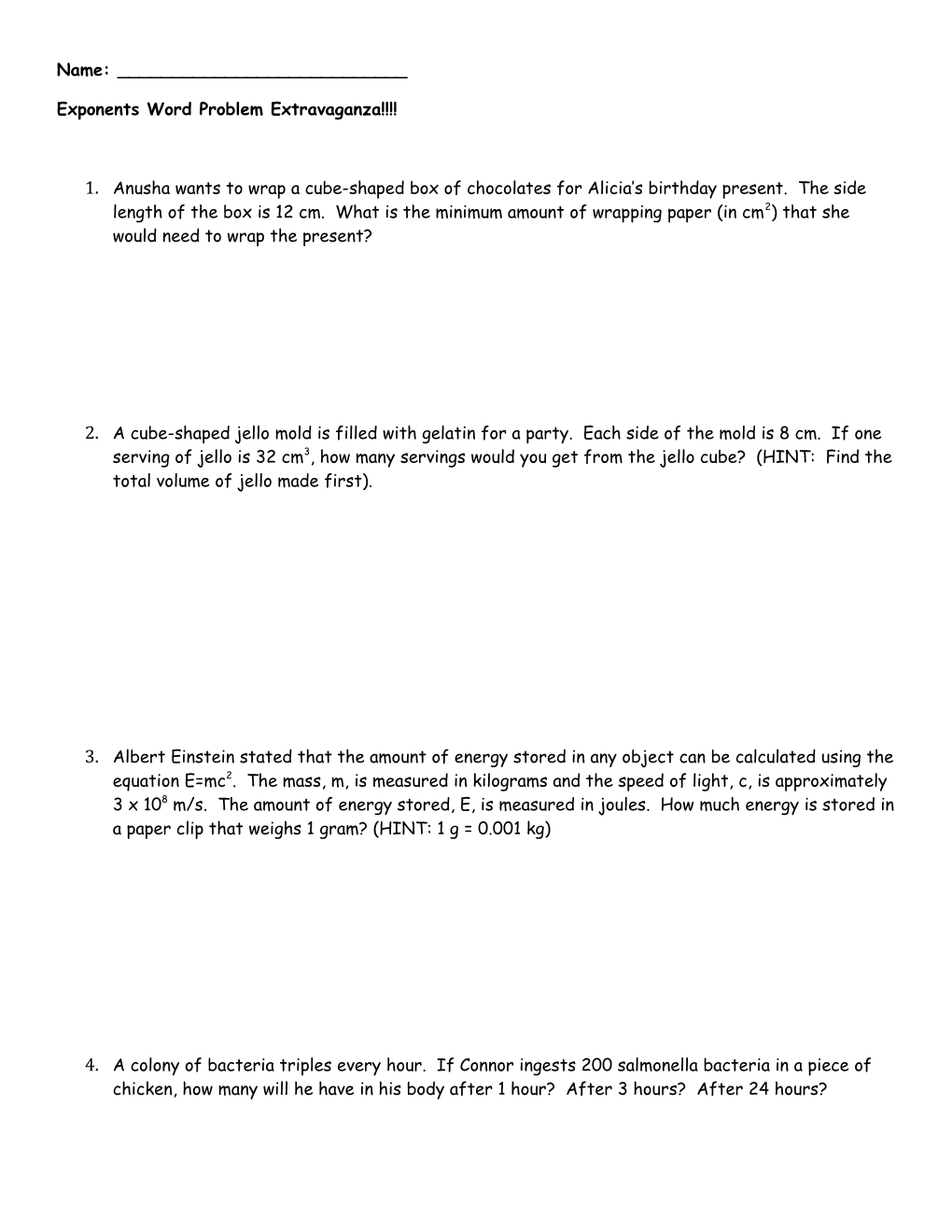 Exponents Word Problem Extravaganza