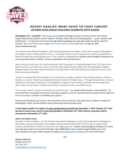 Hockey Goalies! Make Saves to Fight Cancer! October Saves Goalie Challenge Celebrates Sixth Season