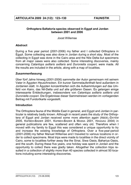ARTICULATA 2009 24 (1/2): 123–130 FAUNISTIK Orthoptera-Saltatoria Species Observed in Egypt and Jordan Between 2001 and 2006
