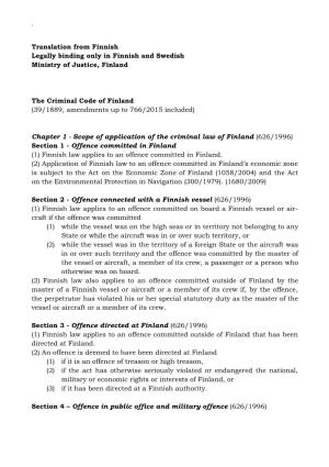 The Criminal Code of Finland (39/1889, Amendments up to 766/2015 Included)