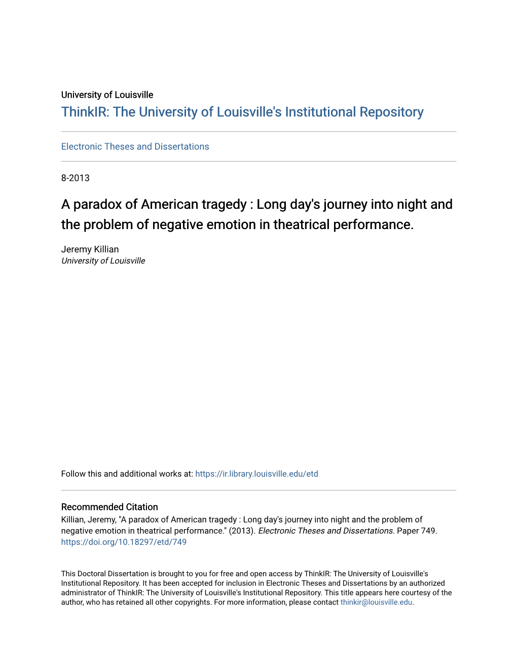 A Paradox of American Tragedy : Long Day's Journey Into Night and the Problem of Negative Emotion in Theatrical Performance