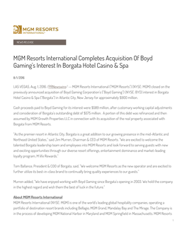 MGM Resorts International Completes Acquisition of Boyd Gaming's Interest in Borgata Hotel Casino &