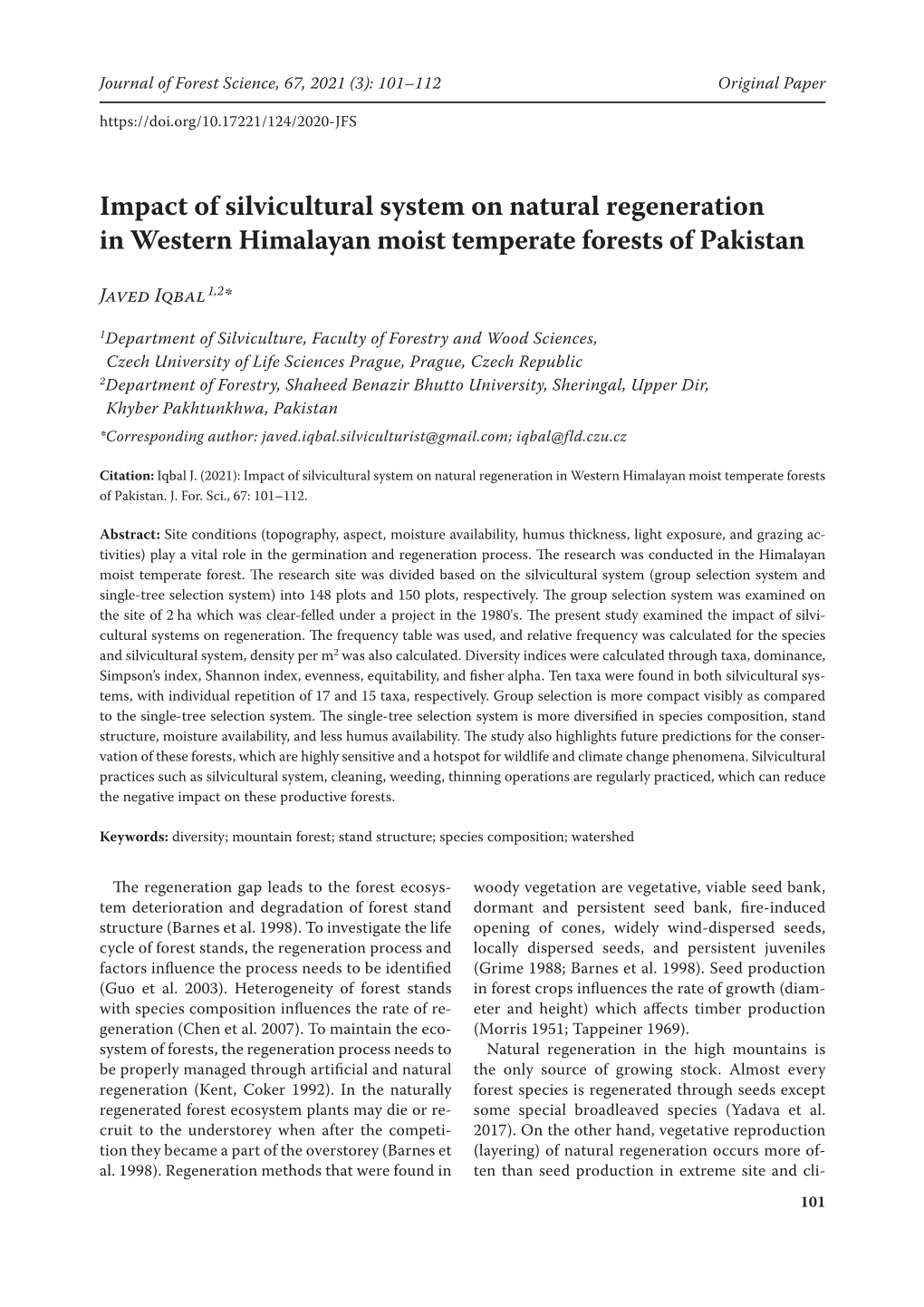 Impact of Silvicultural System on Natural Regeneration in Western Himalayan Moist Temperate Forests of Pakistan