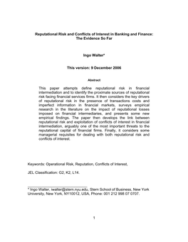 1 Reputational Risk and Conflicts of Interest in Banking And