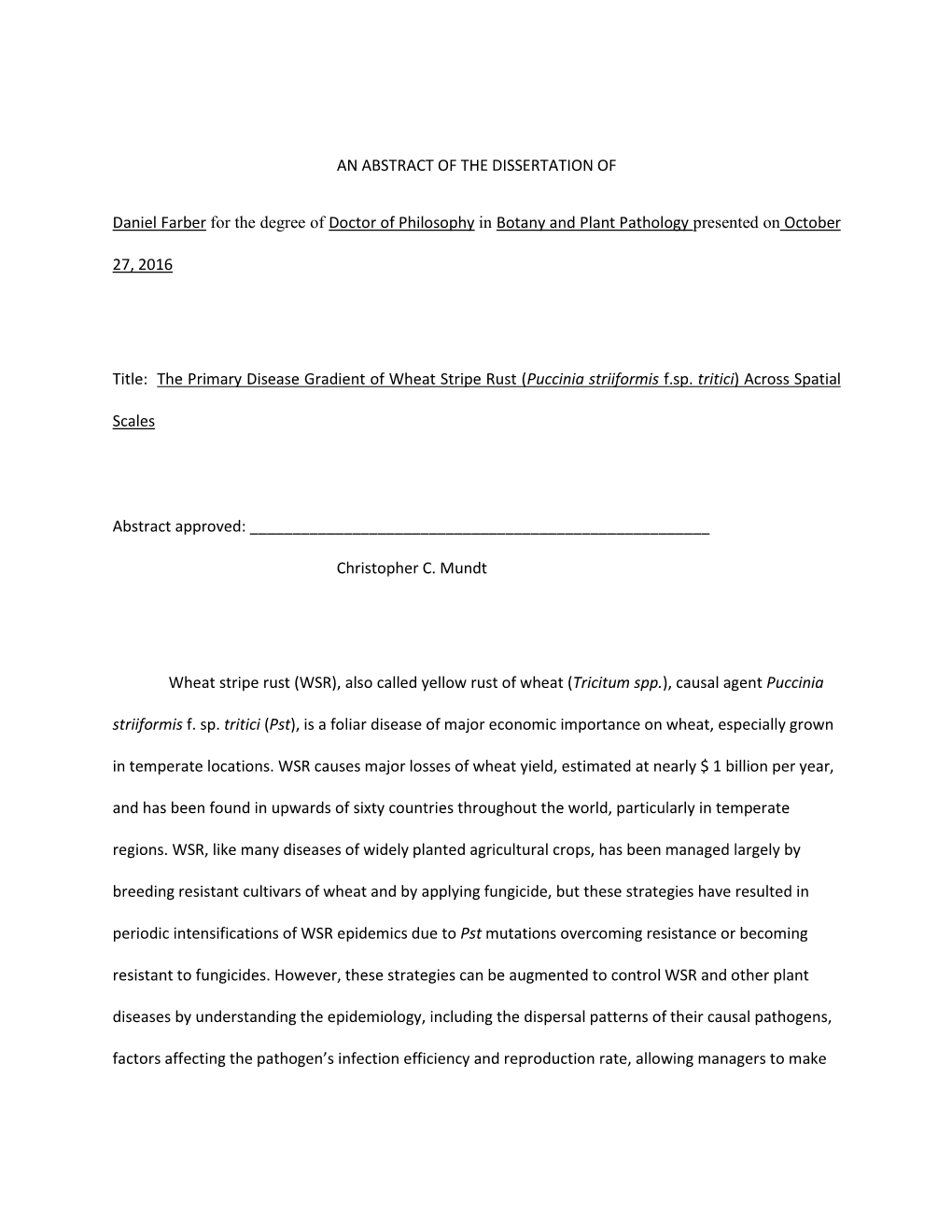 An Abstract of the Dissertation Of