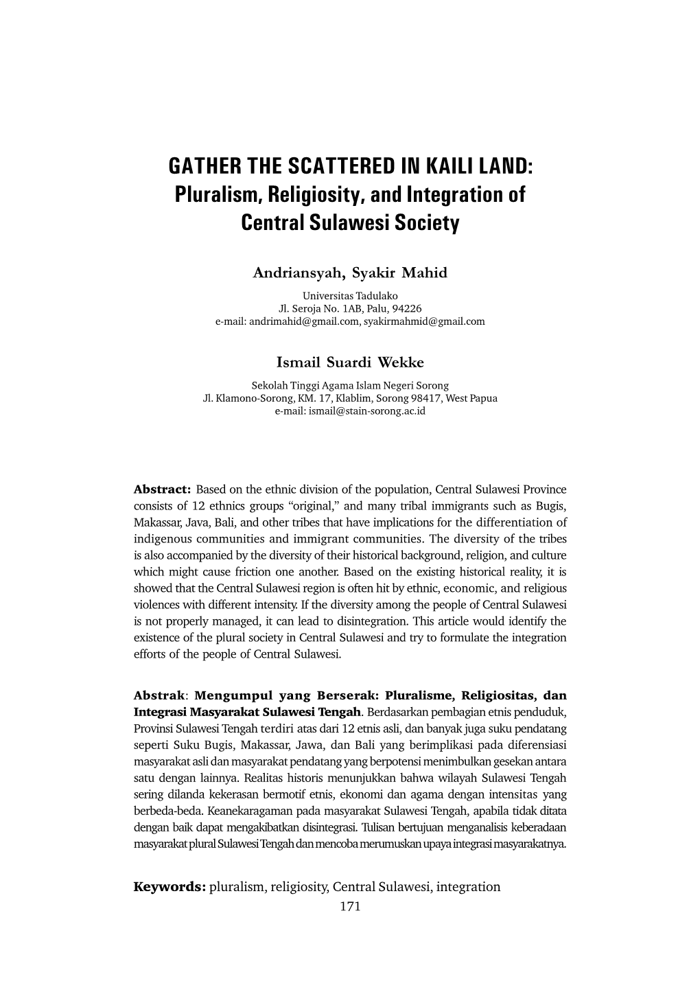 GATHER the SCATTERED in KAILI LAND: Pluralism, Religiosity, and Integration of Central Sulawesi Society