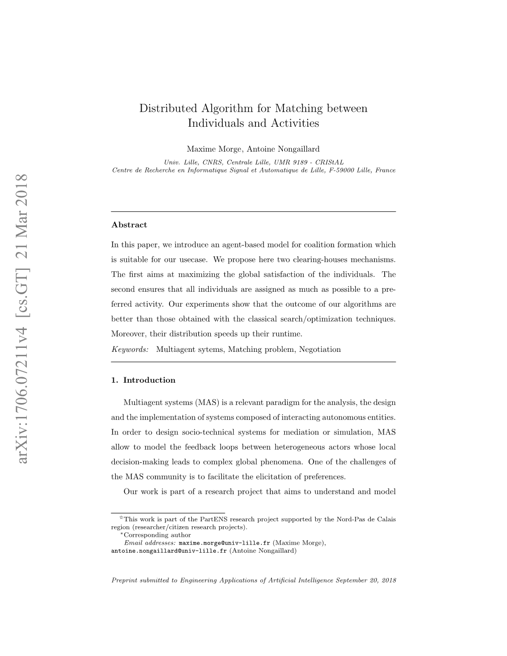 Distributed Algorithm for Matching Between Individuals and Activities