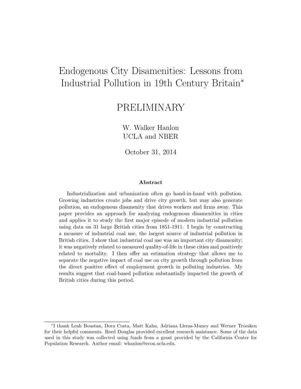 Endogenous City Disamenities: Lessons from Industrial Pollution in 19Th Century Britain∗