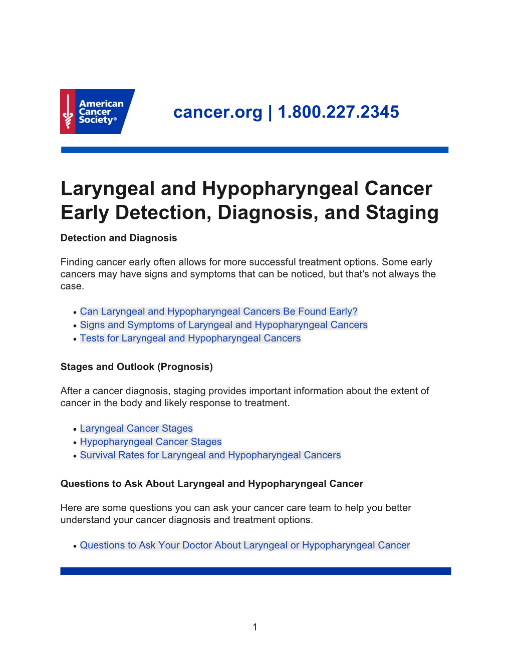 Laryngeal and Hypopharyngeal Cancer Early Detection, Diagnosis, and Staging Detection and Diagnosis