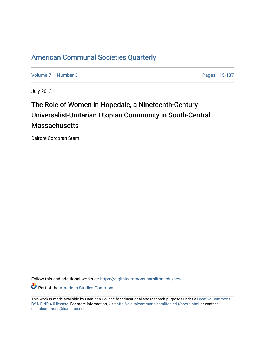 The Role of Women in Hopedale, a Nineteenth-Century Universalist-Unitarian Utopian Community in South-Central Massachusetts