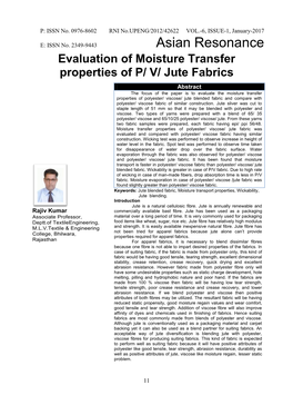 Evaluation of Moisture Transfer Properties of P/ V/ Jute Fabrics