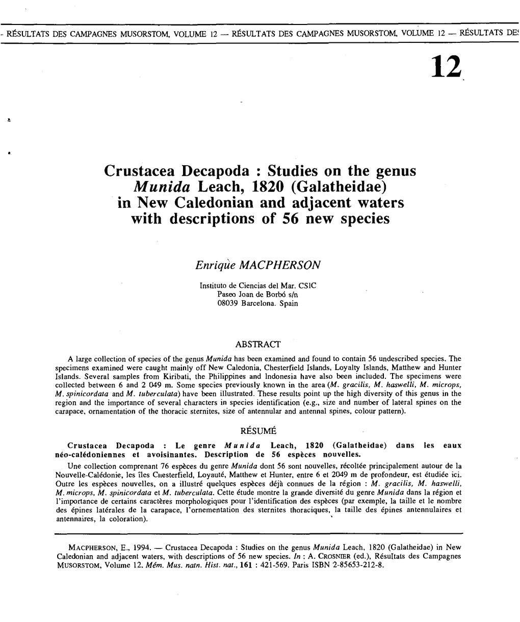 Studies on the Genus Munida Leach, 1820 (Galatheidae) in New Caledonian and Adjacent Waters with Descriptions of 56 New Species