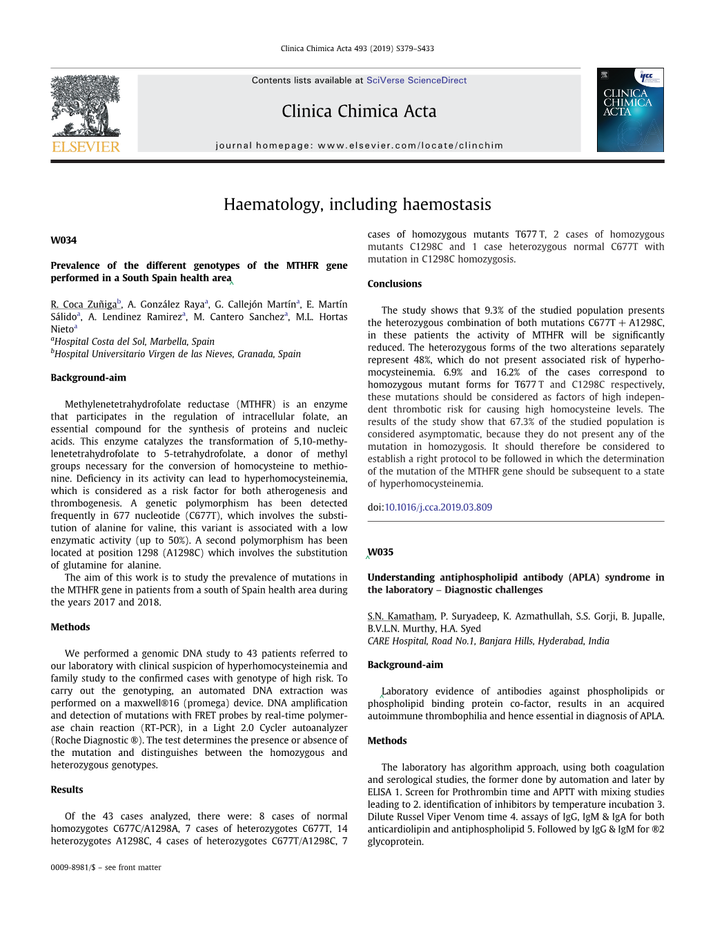 Haematology, Including Haemostasis Clinica Chimica Acta